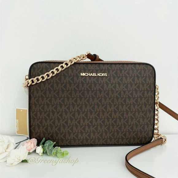 Michael Kors purse Jet Set Travel Item Crossbody bag brownn signature - Picture 1 of 8